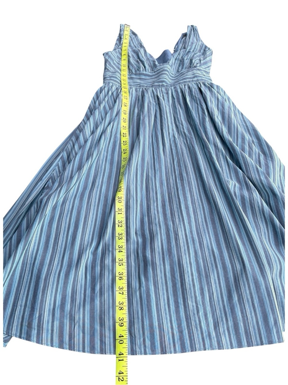 Banana Republic Aqua/Blue Stripe Cotton V-Neck Tie Waist A-Line Midi Dress (4) - Picture 13 of 16